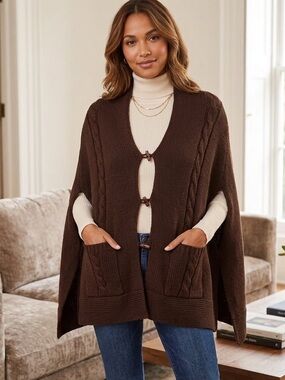 New LOFT Brown Cable Knit Poncho Sweater Cardigan Cape Toggle Button Pockets O/S